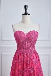 Sweetheart Hot Pink Lace Corset Prom Dress with Slit